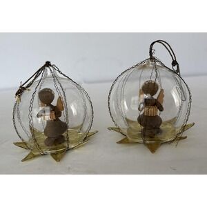 Vintage West‎ Germany Glass Angel Ornaments Pair Wooden Erzgebirge Style in Dome